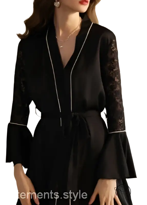 Light satin nightgown with lace sleeves, tulle, and white piping details