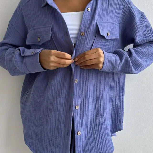 Blue textured button-down shirt from Lisa Comfy Loose Cotton Shirt with Pockets
