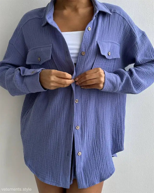 Blue textured button-down shirt from Lisa Comfy Loose Cotton Shirt with Pockets