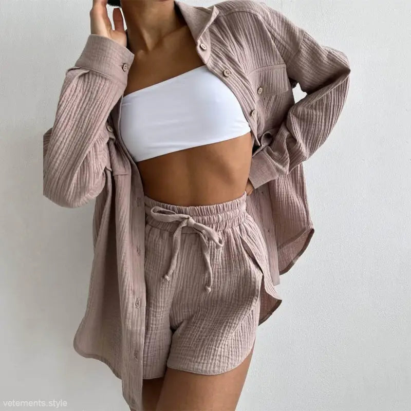Taupe textured shirt high waist and shorts set, Lisa Comfy Loose Cotton with pockets