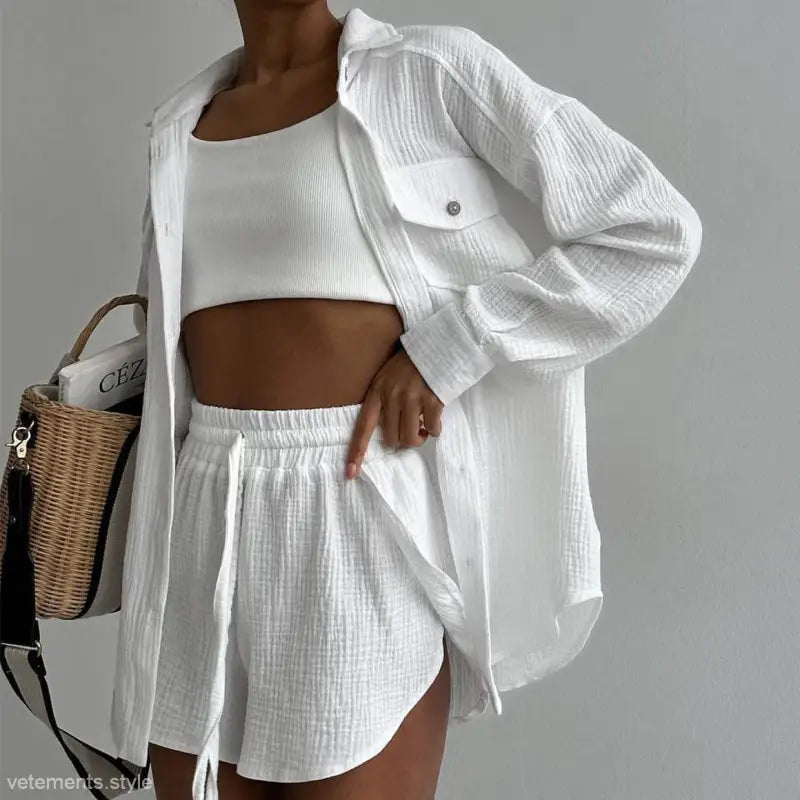 White cotton shorts and high waist shirt in the Lisa Comfy Loose Cotton Set