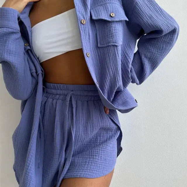 Blue textured Lisa Comfy Loose Cotton Shirt with Pockets and High Waist Shorts Set