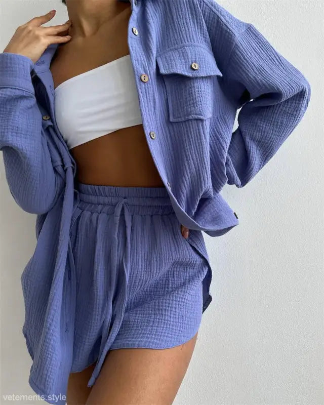 Blue textured Lisa Comfy Loose Cotton Shirt with Pockets and High Waist Shorts Set