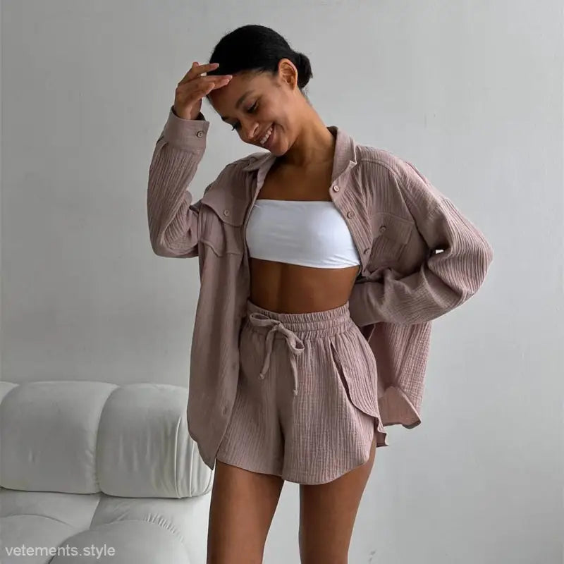 Woman in a mauve comfy loose set featuring the Lisa Comfy Loose Cotton Shirt