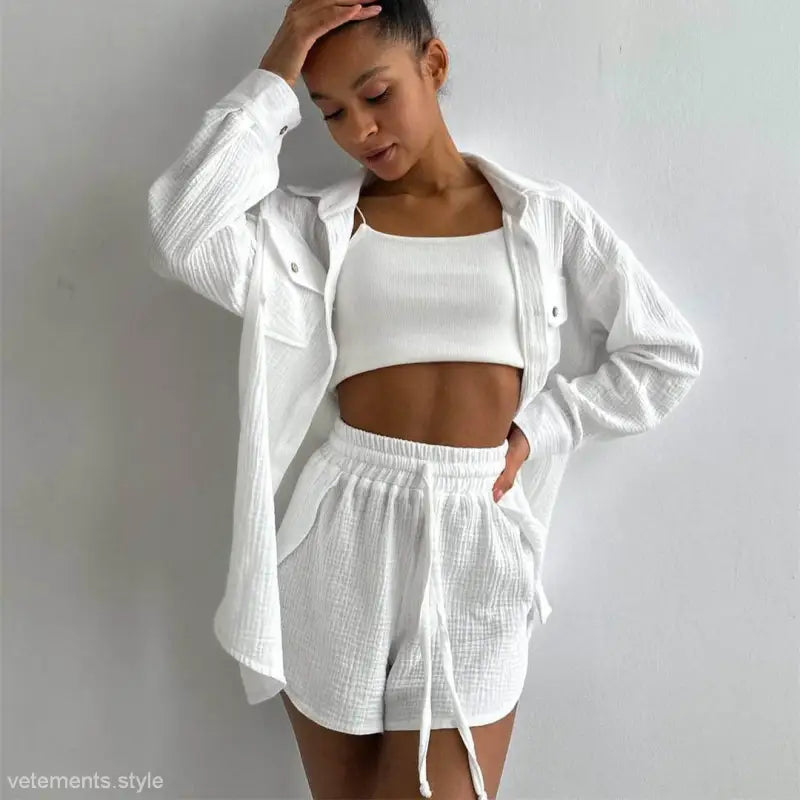 Lisa Comfy Loose Cotton Shirt with Pockets and Long Sleeves in white cotton shorts set