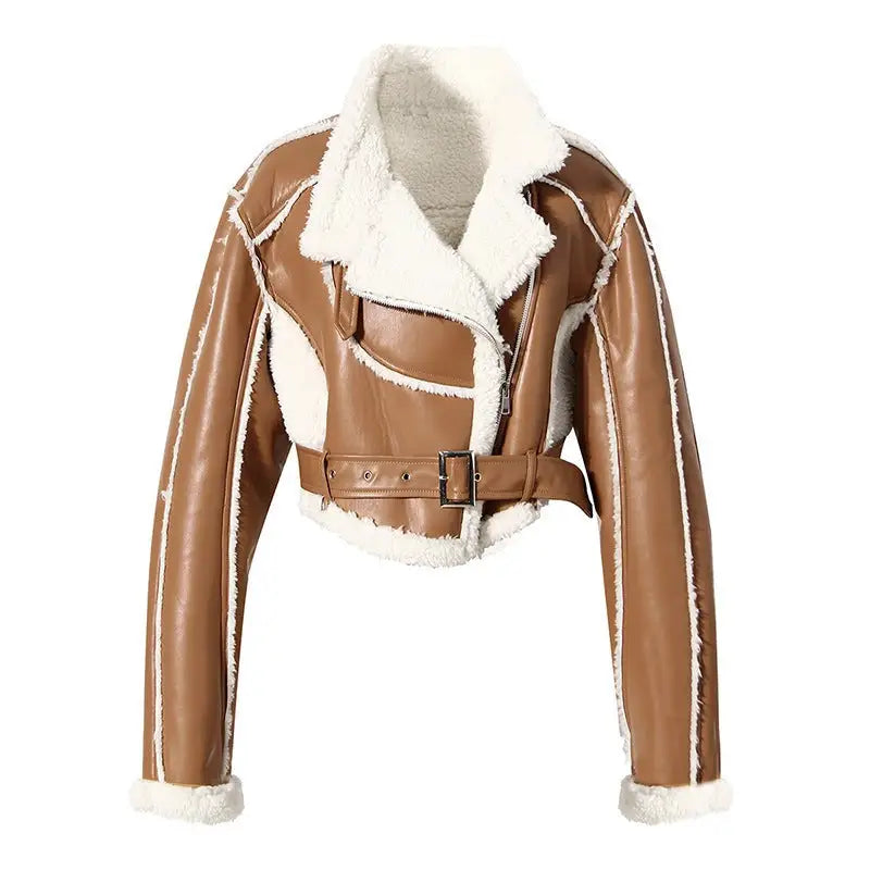 Cropped brown leather jacket with white shearling trim and belt, Locomotive Short Jacket style