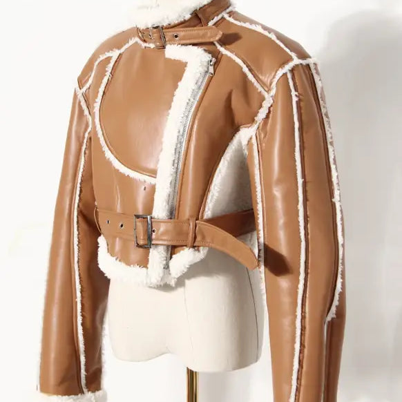 Tan leather shearling-lined Locomotive Short Jacket with buckle details and Fabulse Leather Cotton fabric