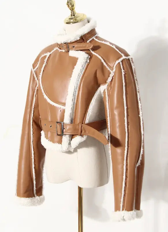 Tan leather shearling-lined Locomotive Short Jacket with buckle details and Fabulse Leather Cotton fabric