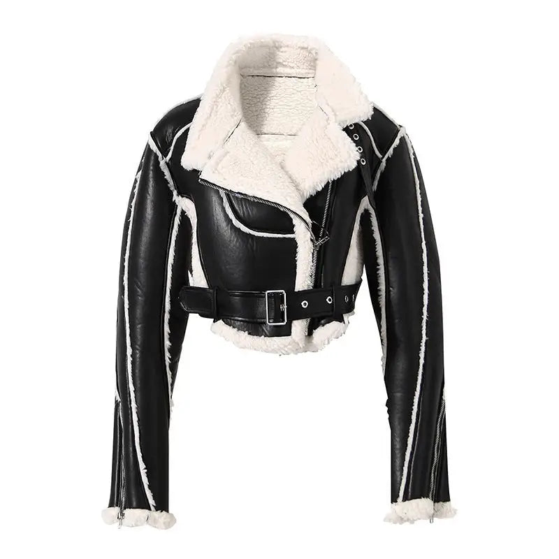 Cropped black leather motorcycle jacket with white shearling trim, belt, Locomotive Short Jacket design
