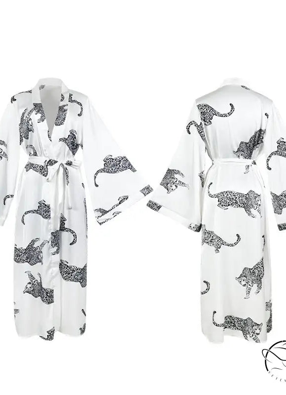 Long satin night robe in white with black leopard print