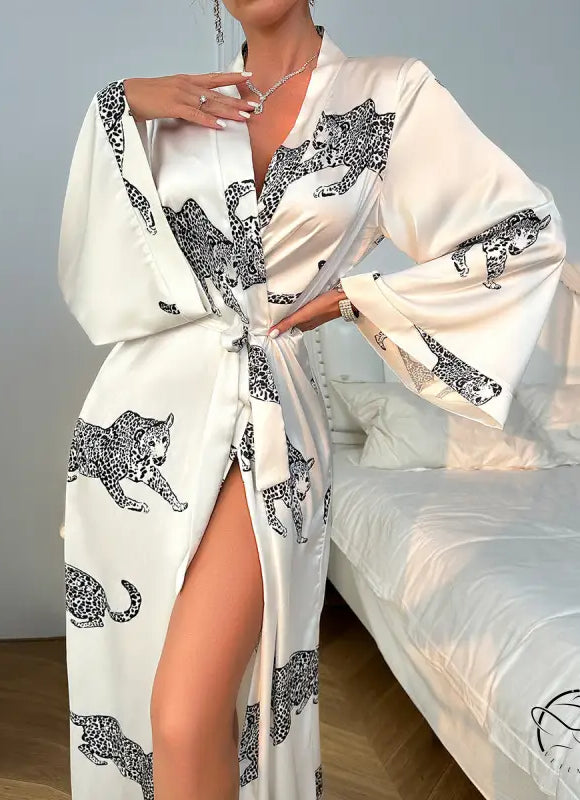 White satin night robe with black leopard print and belted sleeves