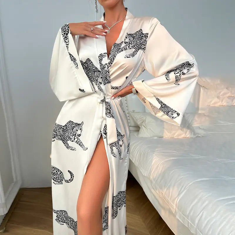 White satin robe with black leopard print, perfect for long satin night or satin night robe