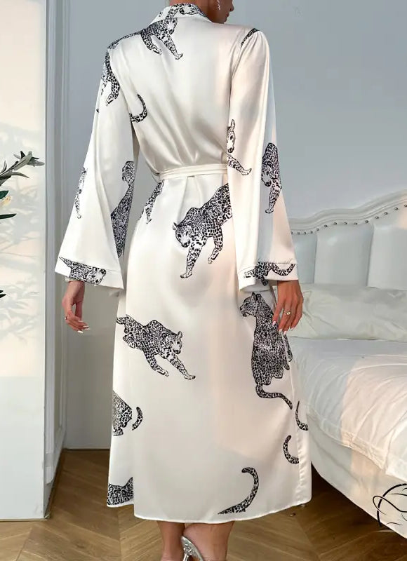 White long satin night robe with black leopard print and belted sleeves