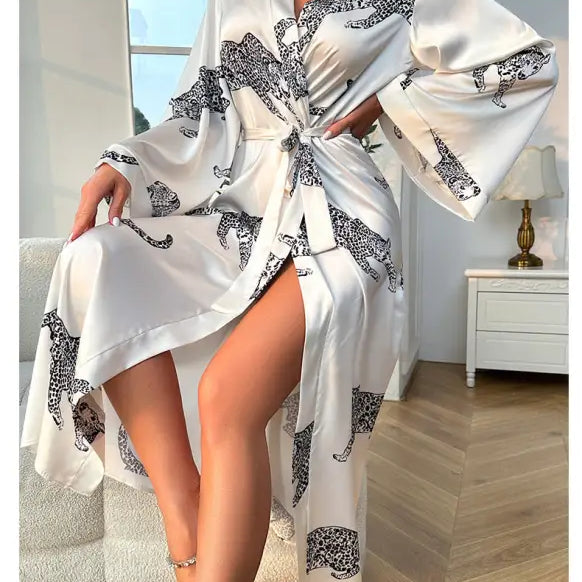 White satin night robe with black leopard print and wide sleeves for elegant spring fall wear