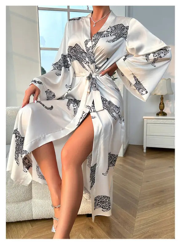 White satin night robe with black leopard print and wide sleeves for elegant spring fall wear