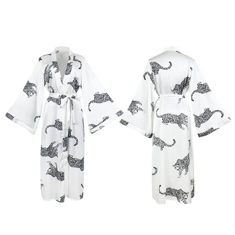 White kimono satin night robe with black leopard print and belted sleeves for spring fall