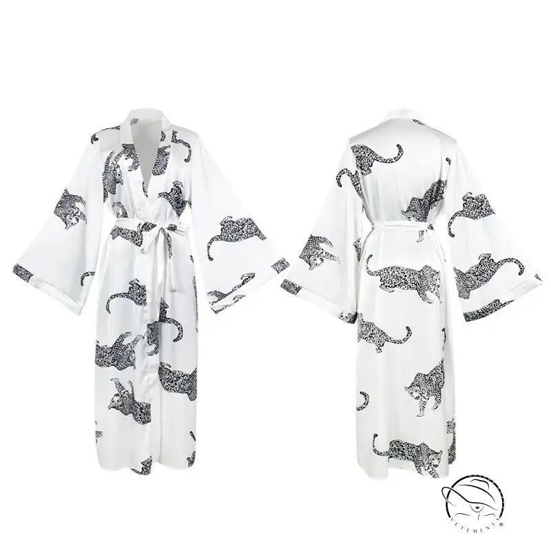 White long satin night robe with black leopard print