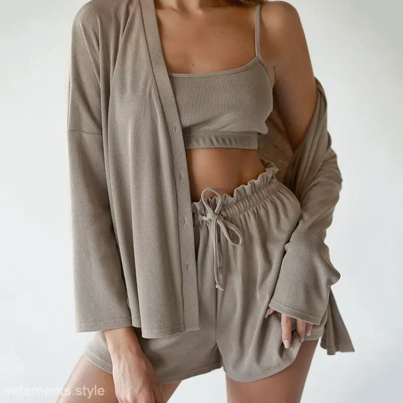 Beige knitted French ice silk loungewear set with crop top shorts and open cardigan