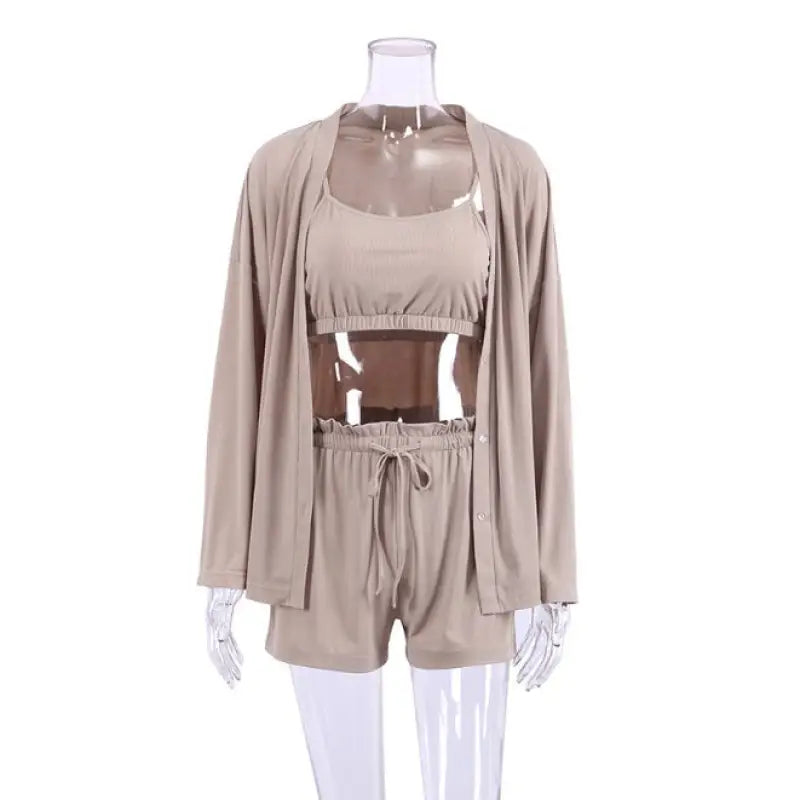 Beige three-piece knitted French Ice silk loungewear set with crop top shorts and cardigan