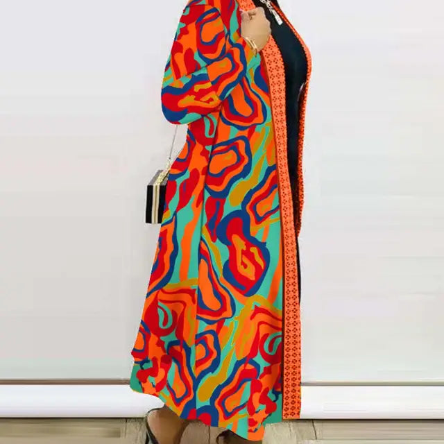Colorful patterned duster cardigan showcasing a long sleeve printed cardigan shawl design