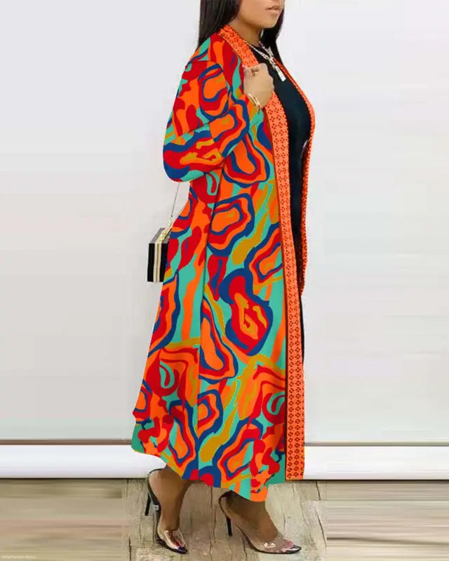 Colorful patterned duster cardigan showcasing a long sleeve printed cardigan shawl design