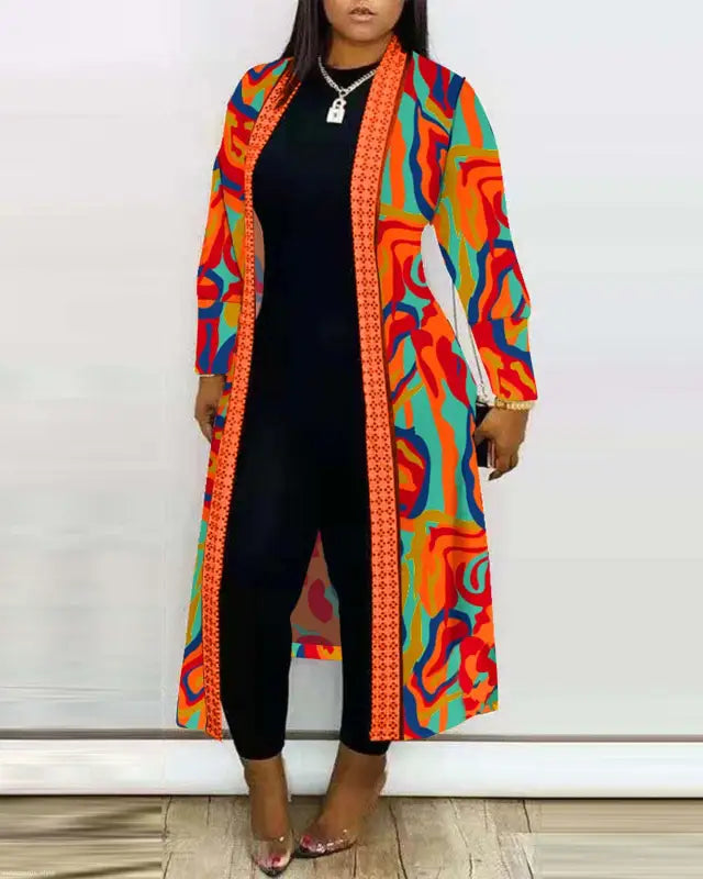 Colorful patterned Long Sleeve Printed Cardigan Shawl with geometric print design