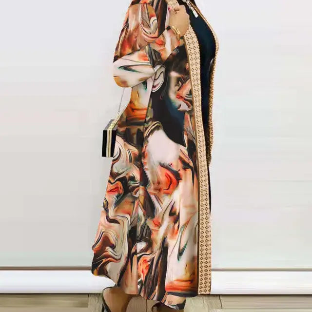 Long patterned duster cardigan showcasing a stylish printed cardigan shawl design