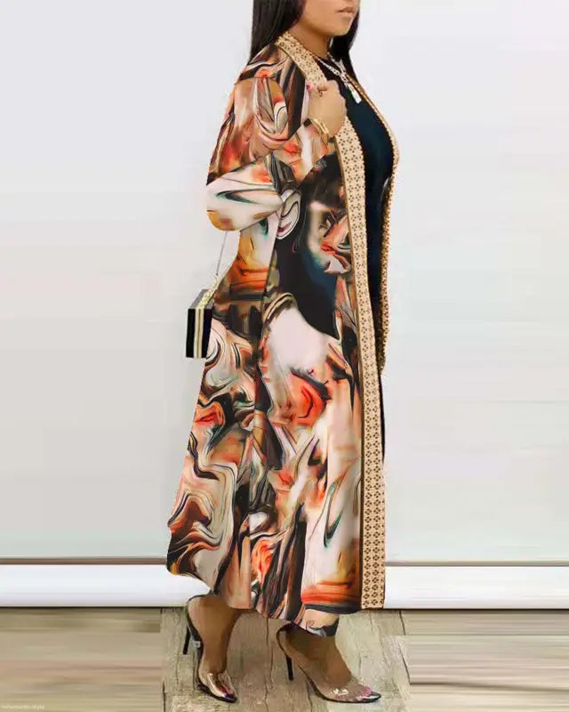Long patterned duster cardigan showcasing a stylish printed cardigan shawl design