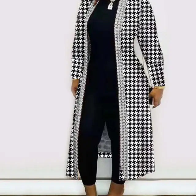 Houndstooth duster over black jumpsuit with Long Sleeve Printed Cardigan Shawl