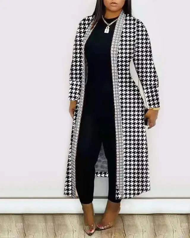 Houndstooth duster over black jumpsuit with Long Sleeve Printed Cardigan Shawl