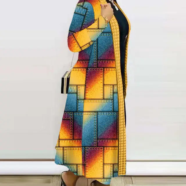 Colorful patchwork duster cardigan, a long sleeve printed cardigan shawl in geometric print