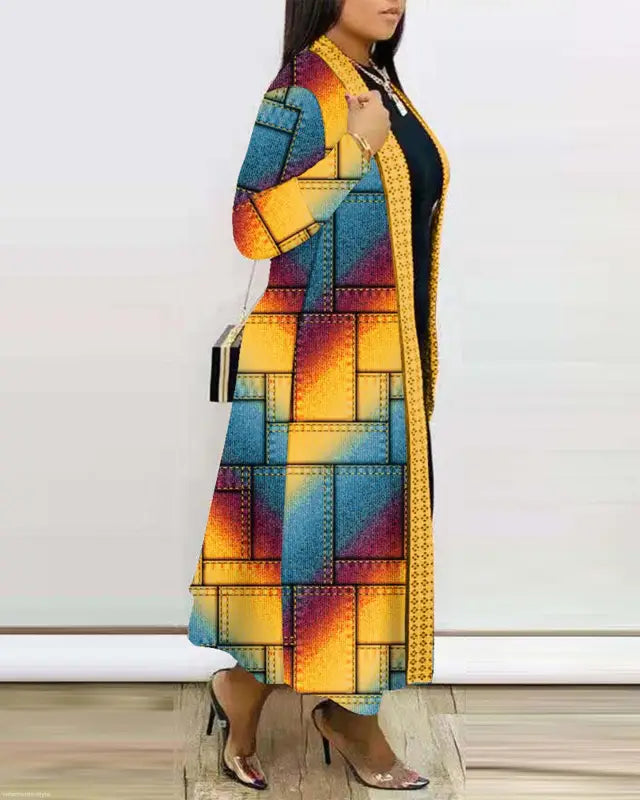 Colorful patchwork duster cardigan, a long sleeve printed cardigan shawl in geometric print