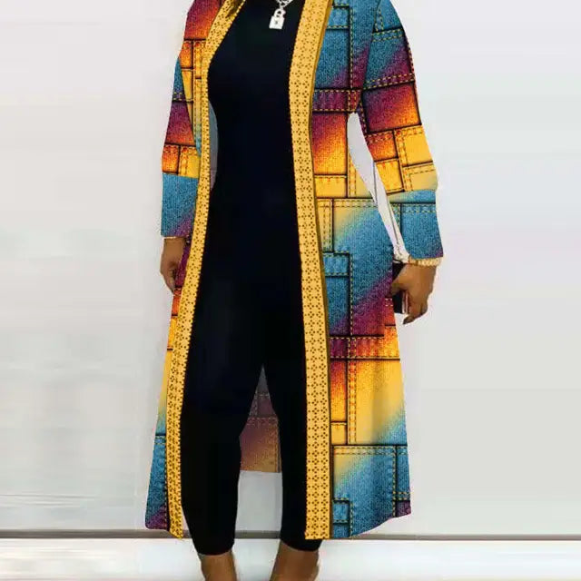 Colorful patterned Long Sleeve Printed Cardigan Shawl in geometric design and color block