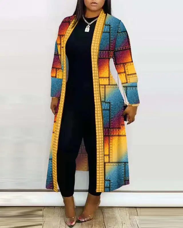 Colorful patterned Long Sleeve Printed Cardigan Shawl in geometric design and color block