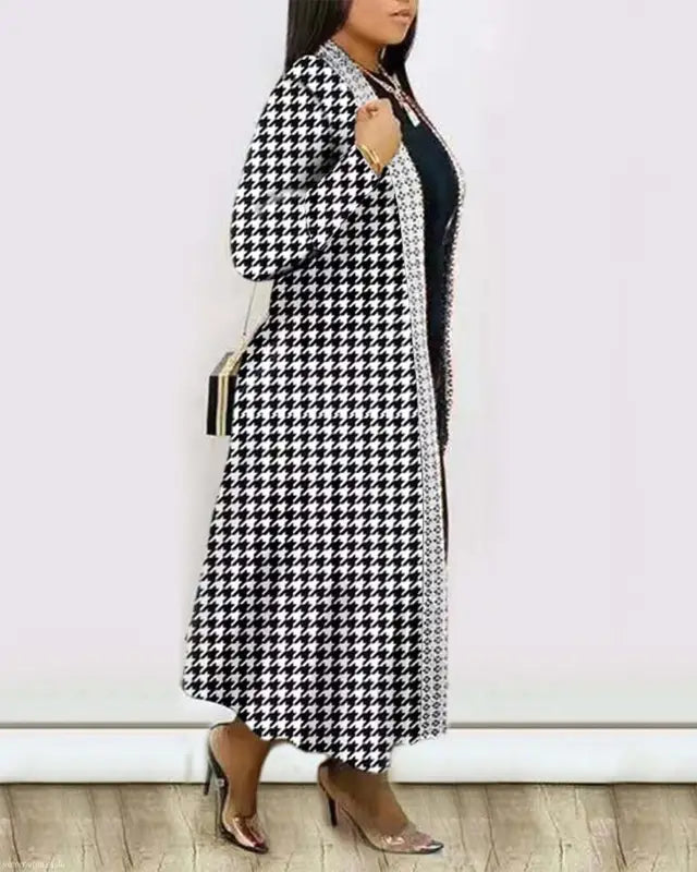Houndstooth patterned long coat from Long Sleeve Printed Cardigan Shawl collection