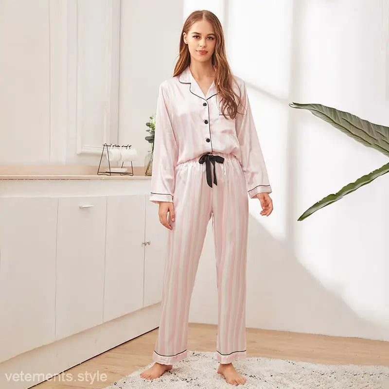 Pink and white striped long sleeve ice silk two piece set pajamas for women
