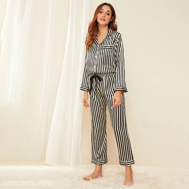 Striped satin long sleeve two piece set pajamas made from luxurious ice silk fabric