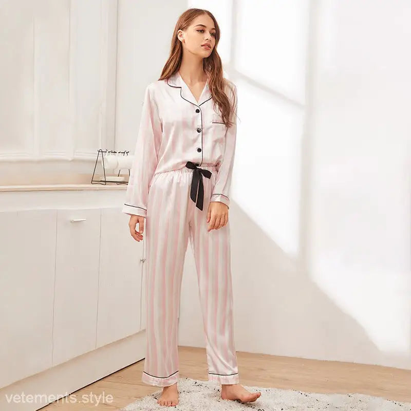 Pink striped satin long sleeve two piece set pajamas made from ice silk for comfort