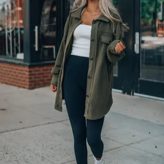 Woman wearing a Long Sleeve Warm Shacket Coat, ideal for winter women clothing