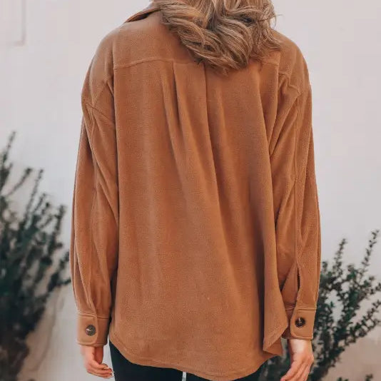 Brown corduroy long sleeve warm shacket coat, a stylish winter women clothing essential