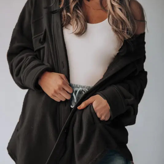 Oversized black jacket from Long Sleeve Warm Shacket Coat for Women, a winter essential