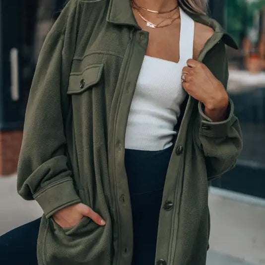 Olive green long sleeve warm shacket coat for women, ideal winter women clothing