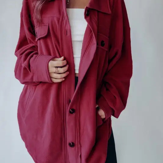 Maroon button-down fleece jacket, a stylish long sleeve warm shacket coat for winter women clothing