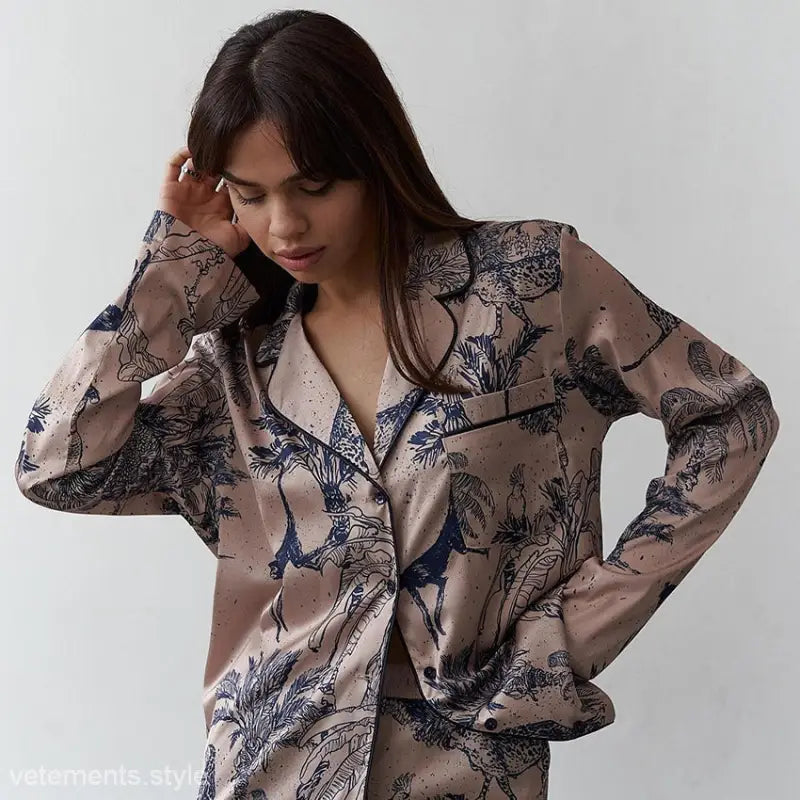 Patterned silk pajamas long set featuring loose comfort pajamas with long sleeved trousers