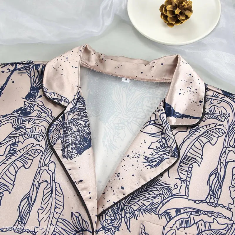 Tropical print silk pajamas long set with loose comfort pajamas, long sleeved trousers