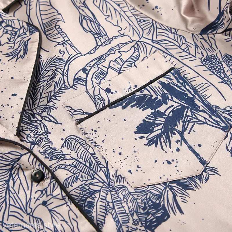 Tropical print silk pajamas long set with long sleeved trousers for luxurious comfort