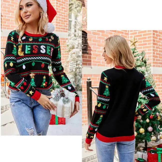 Woman wearing a festive embroidered sequ long Christmas tree sweater and loose pullover