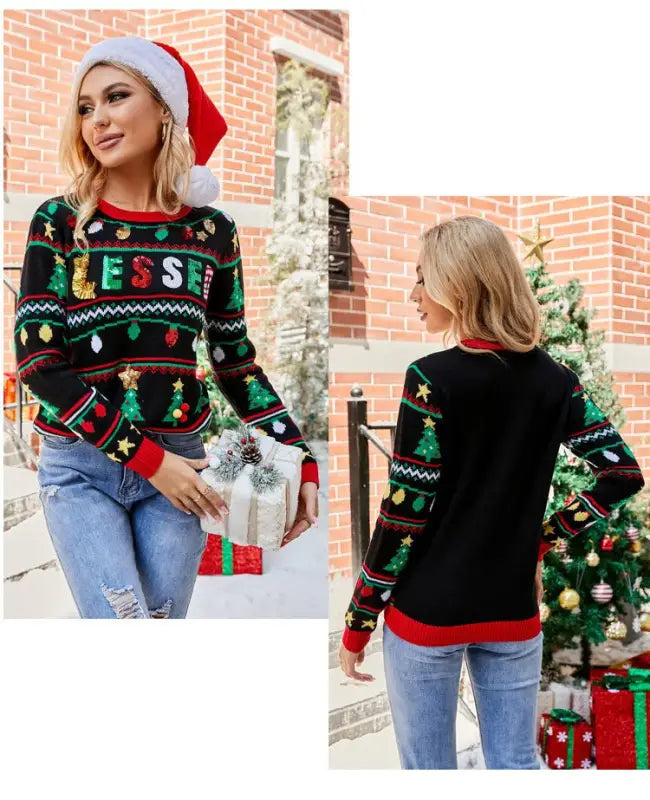 Woman wearing a festive embroidered sequ long Christmas tree sweater and loose pullover