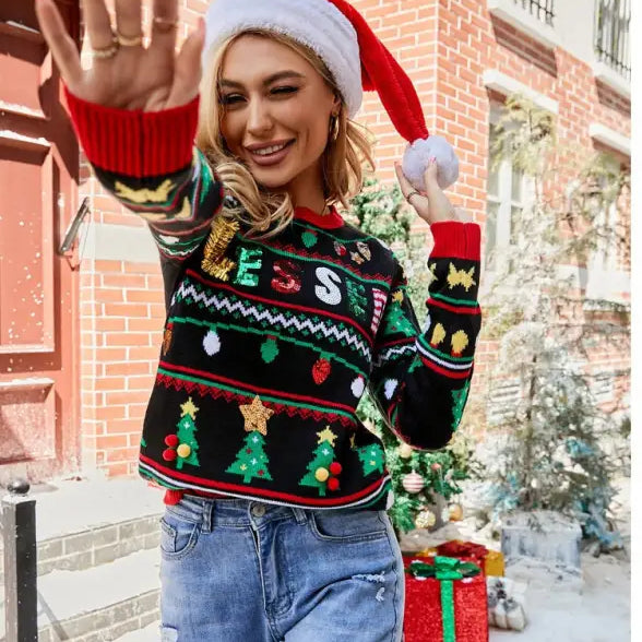 Embroidered sequ long Christmas tree sweater featuring festive patterns in a loose pullover style