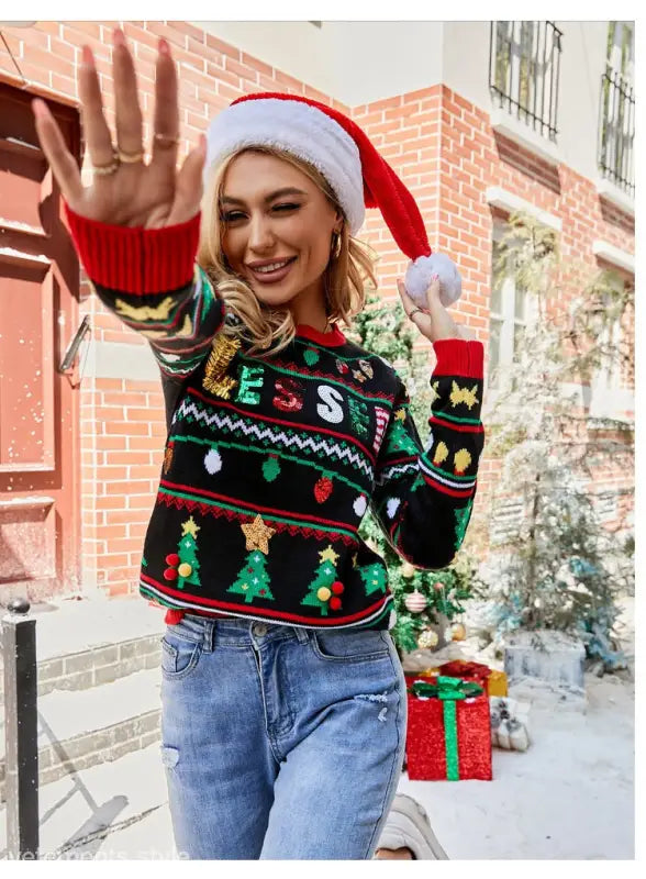 Embroidered sequ long Christmas tree sweater featuring festive patterns in a loose pullover style